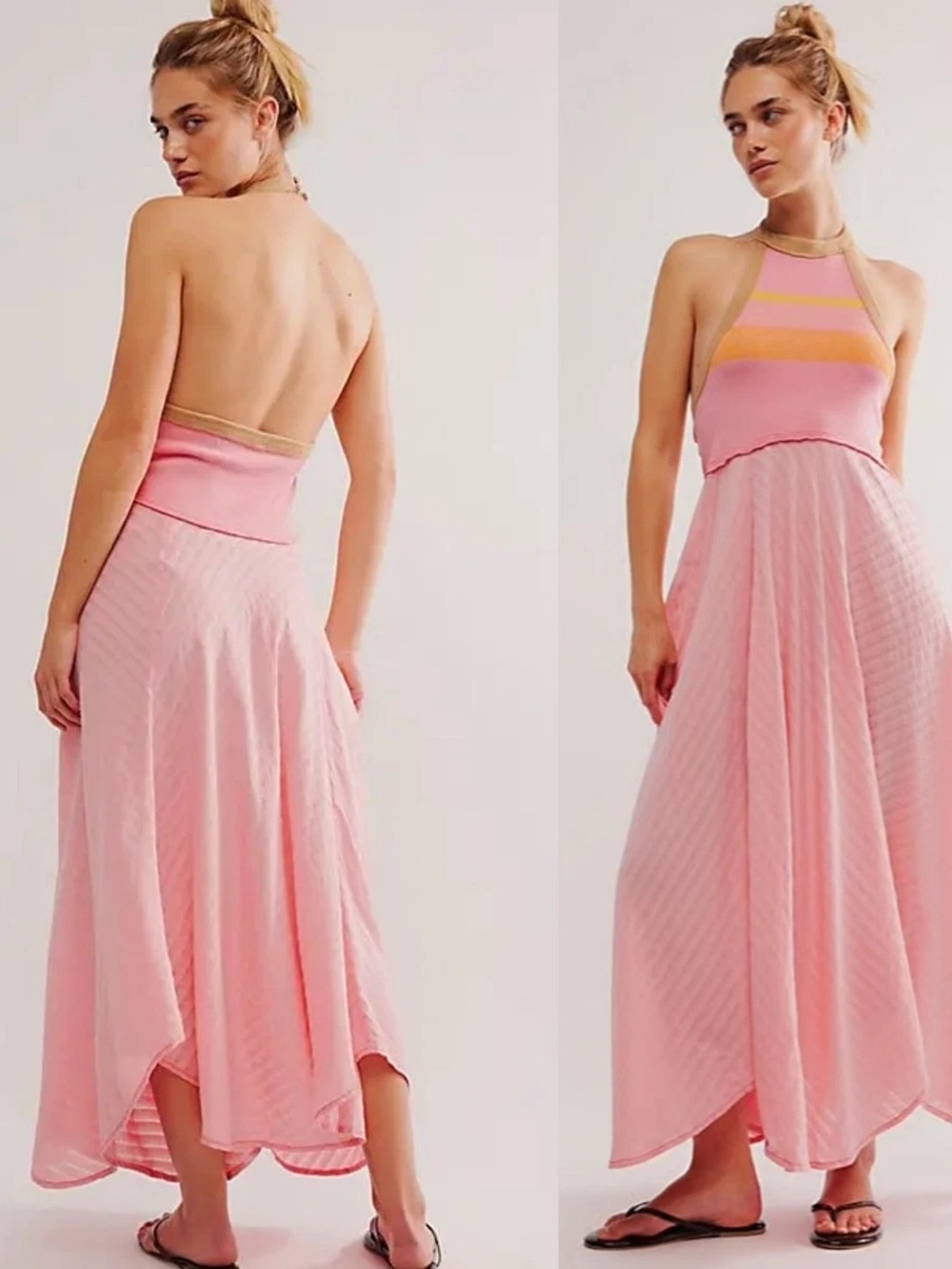 Free People Pink Striped Halter Maxi Dress XS Boho Layered